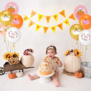 Little Pumpkin Party Balloons, Fall Maple Leaf Pumpkin Balloons with Pink Gold Orange Confetti Balloons Garland for Fall Birthday Little Pumpkin Baby Shower Wedding Thanksgiving Party Decorations