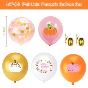 Little Pumpkin Party Balloons, Fall Maple Leaf Pumpkin Balloons with Pink Gold Orange Confetti Balloons Garland for Fall Birthday Little Pumpkin Baby Shower Wedding Thanksgiving Party Decorations