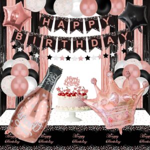 rose gold and black party decorations - happy birthday banner, balloons, fringe curtains, tablecloth and cake topper for 1st 16th 21st 30th 40th 50th girls rose gold and black birthday party supplies