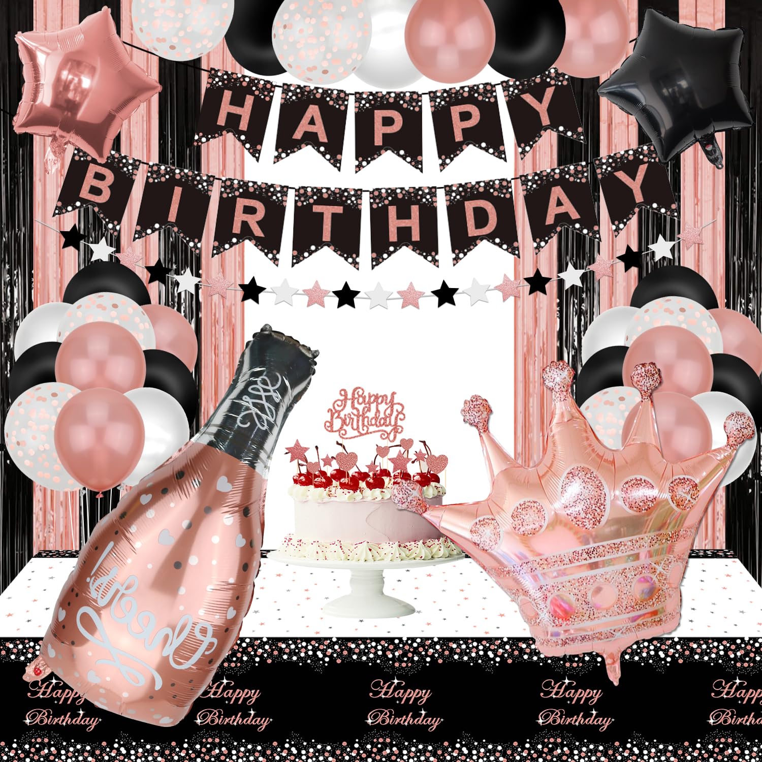 Rose Gold and Black Party Decorations - Happy Birthday Banner, Balloons, Fringe Curtains, Tablecloth and Cake Topper for 1st 16th 21st 30th 40th 50th Girls Rose Gold and Black Birthday Party Supplies