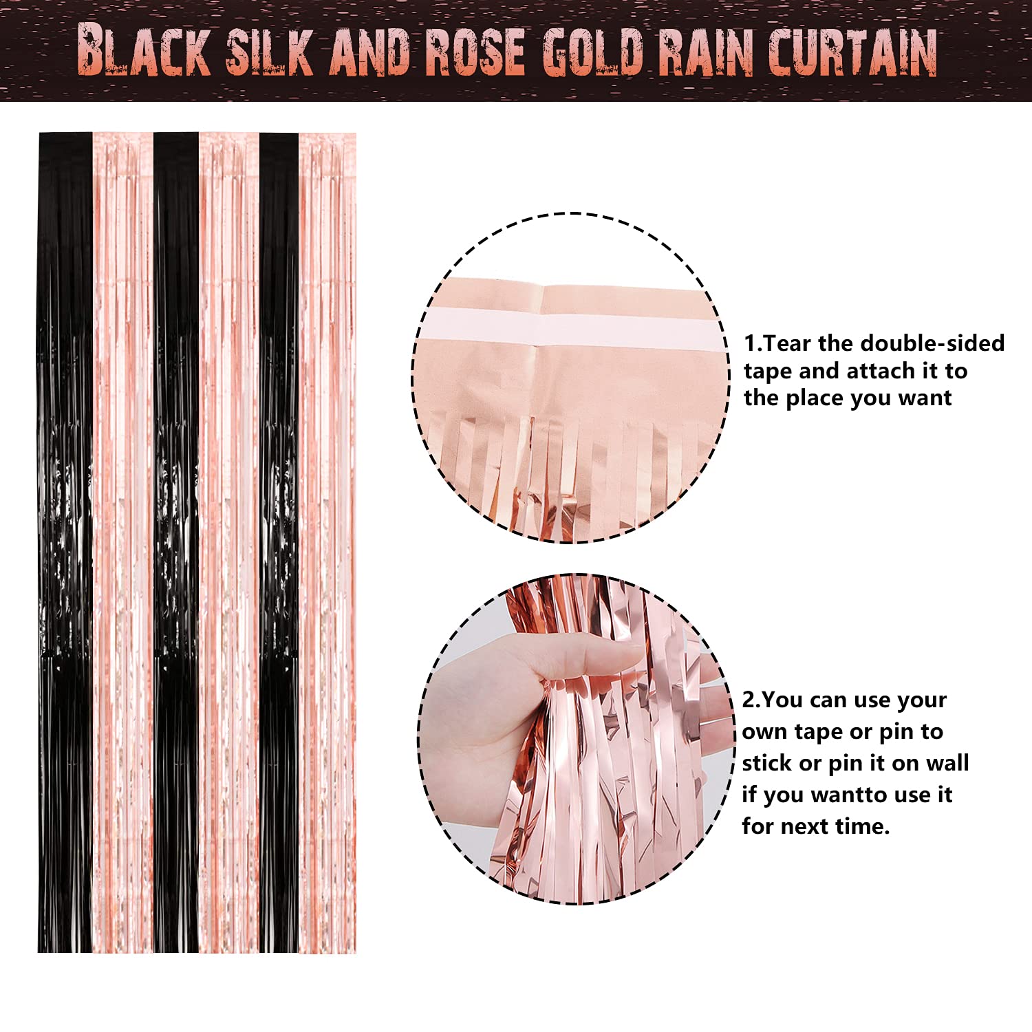 Rose Gold and Black Party Decorations - Happy Birthday Banner, Balloons, Fringe Curtains, Tablecloth and Cake Topper for 1st 16th 21st 30th 40th 50th Girls Rose Gold and Black Birthday Party Supplies