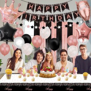 Rose Gold and Black Party Decorations - Happy Birthday Banner, Balloons, Fringe Curtains, Tablecloth and Cake Topper for 1st 16th 21st 30th 40th 50th Girls Rose Gold and Black Birthday Party Supplies