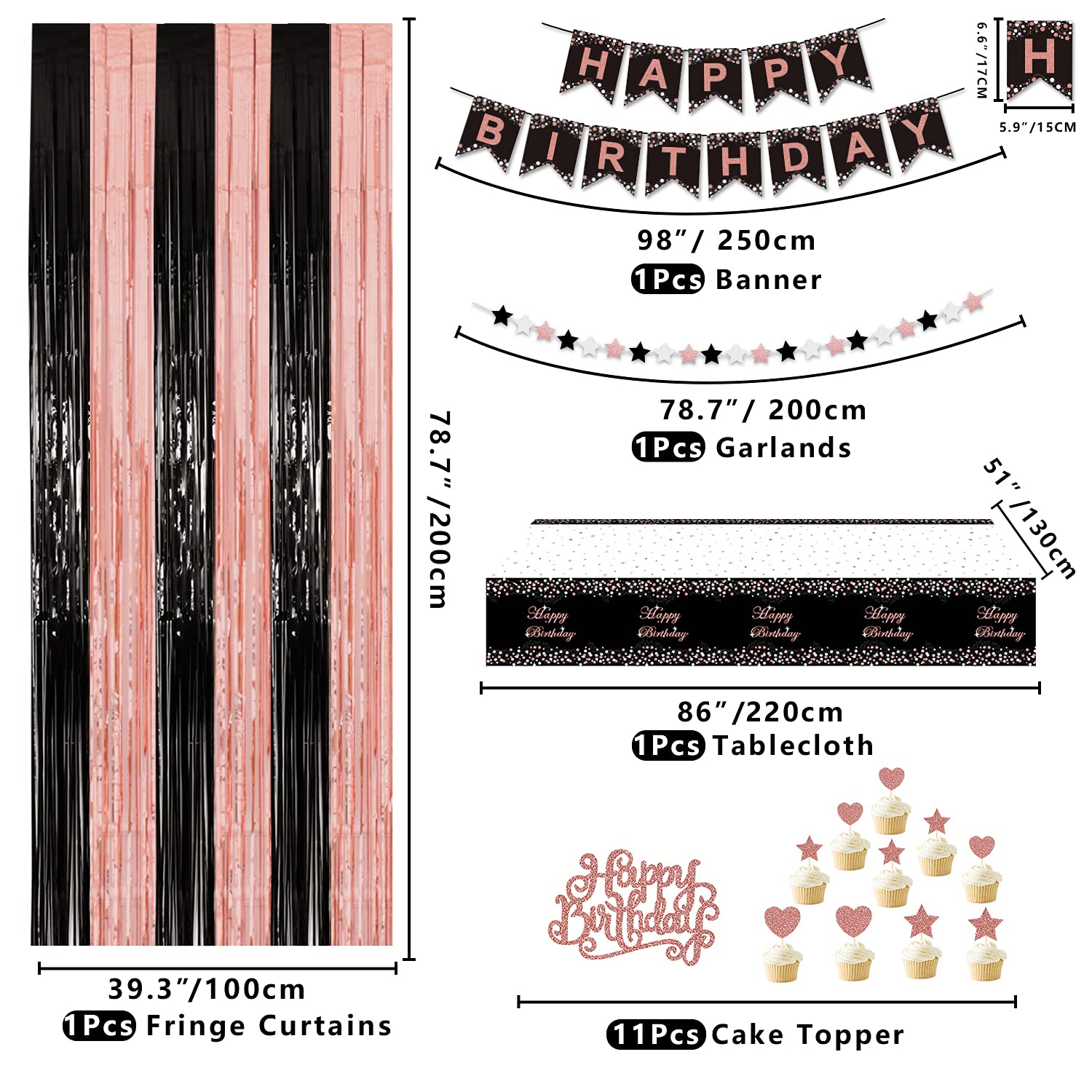 Rose Gold and Black Party Decorations - Happy Birthday Banner, Balloons, Fringe Curtains, Tablecloth and Cake Topper for 1st 16th 21st 30th 40th 50th Girls Rose Gold and Black Birthday Party Supplies