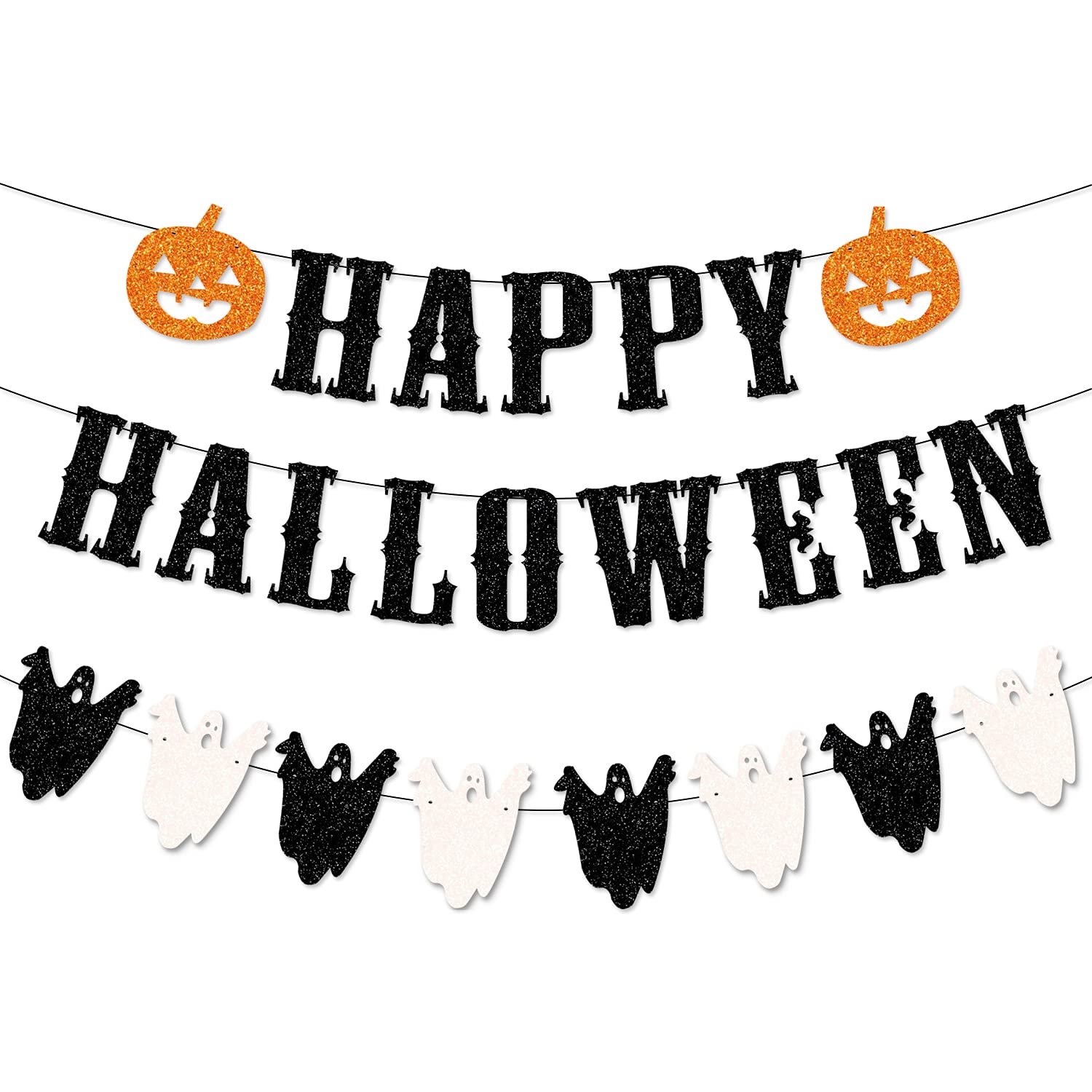 Glitter Happy Halloween Banner Black and White Ghost Garland Happy Halloween Garland With Pumpkin Halloween Garland for Mantle Happy Halloween Fireplace Banner For Halloween Party Decorations