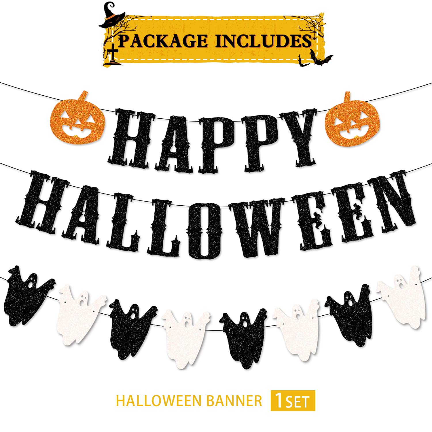 Glitter Happy Halloween Banner Black and White Ghost Garland Happy Halloween Garland With Pumpkin Halloween Garland for Mantle Happy Halloween Fireplace Banner For Halloween Party Decorations