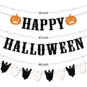 Glitter Happy Halloween Banner Black and White Ghost Garland Happy Halloween Garland With Pumpkin Halloween Garland for Mantle Happy Halloween Fireplace Banner For Halloween Party Decorations