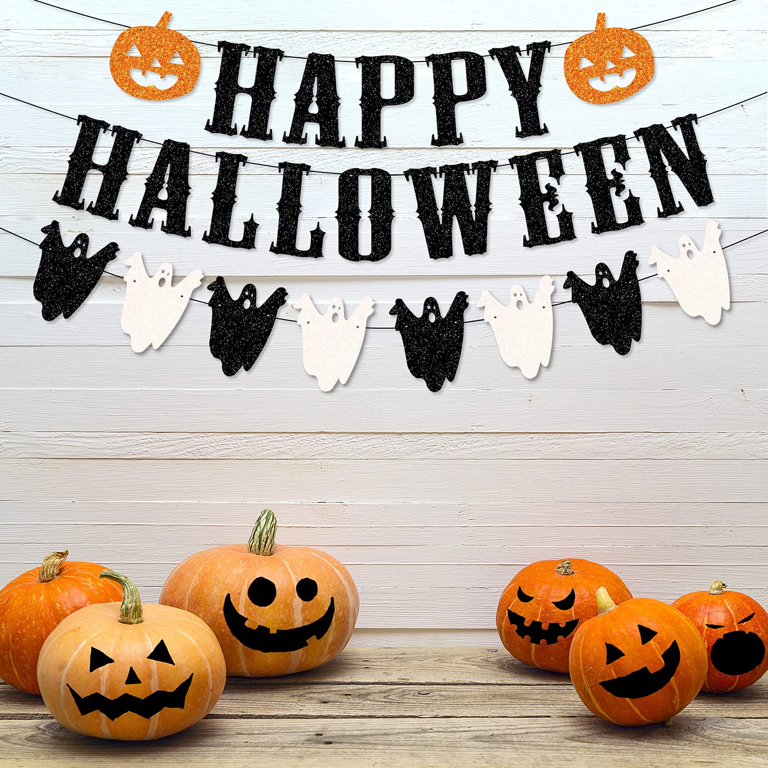 Glitter Happy Halloween Banner Black and White Ghost Garland Happy Halloween Garland With Pumpkin Halloween Garland for Mantle Happy Halloween Fireplace Banner For Halloween Party Decorations