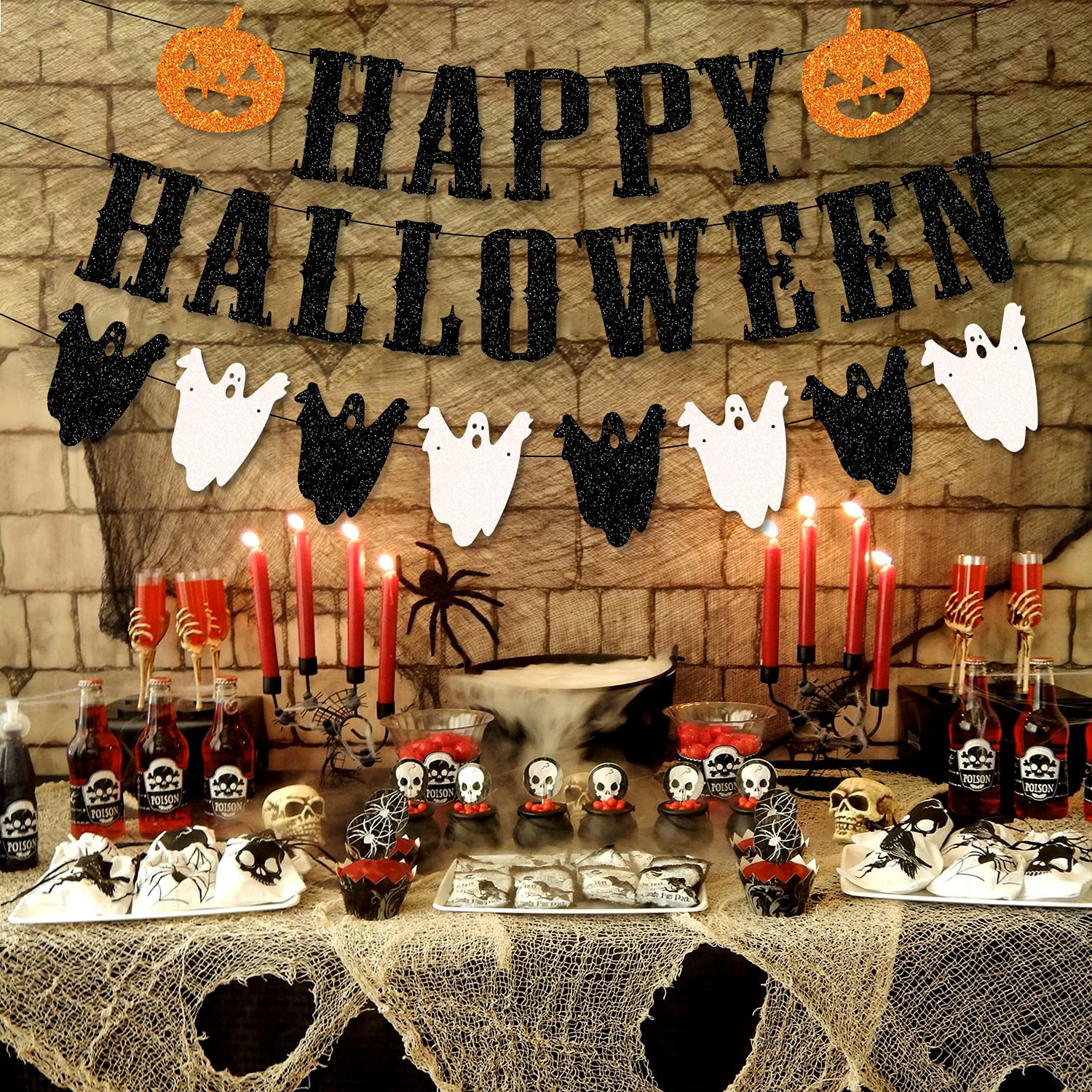 Glitter Happy Halloween Banner Black and White Ghost Garland Happy Halloween Garland With Pumpkin Halloween Garland for Mantle Happy Halloween Fireplace Banner For Halloween Party Decorations