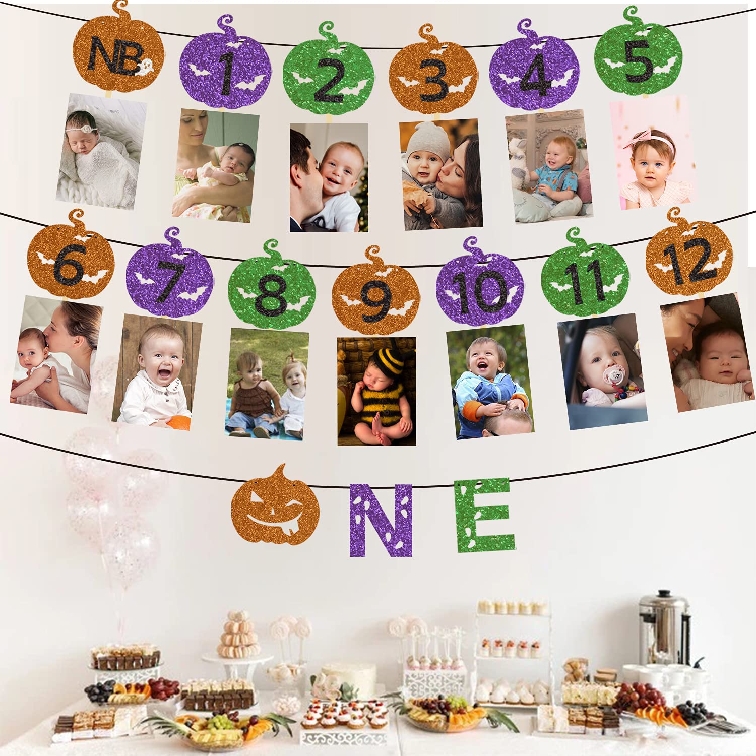 Halloween 1ST Birthday Party Decorations Pumpkin 12 Month Photo Banner for First Birthday Halloween First Birthday Decorations The Spooky One Birthday Decorations