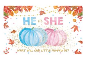 funnytree little pumpkin gender reveal backdrop he or she fall pink or blue boy or girl baby shower party banner autumn maple leaves background decor supplies photobooth prop favors gift