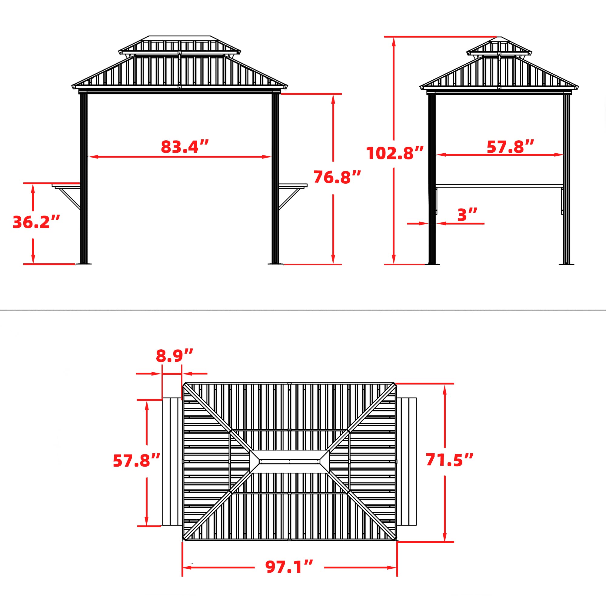 PURPLE LEAF 6' X 8' Hardtop Grill Gazebo for Patio Permanent Metal Roof with 2 Side Shelves Deck Yard Tent Aluminum Garden Outside Sun Shade Outdoor BBQ Canopy