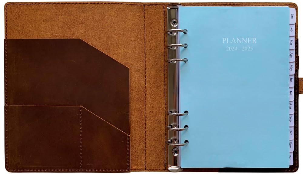 2024-2025 Leather Planner - A5 Genuine Leather Binder Planner with Weekly & Monthly Pages for Men and Women, Inner Pockets and Pen Holder, Refillable