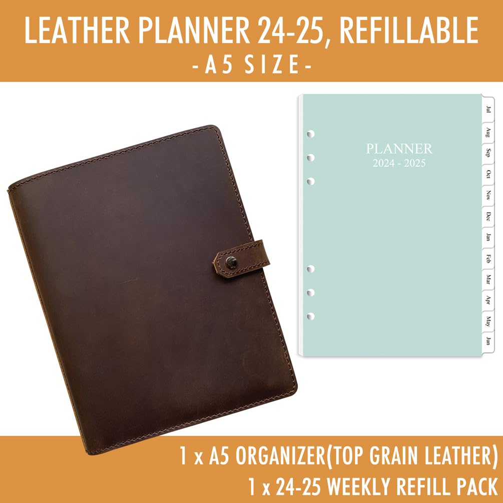 2024-2025 Leather Planner - A5 Genuine Leather Binder Planner with Weekly & Monthly Pages for Men and Women, Inner Pockets and Pen Holder, Refillable