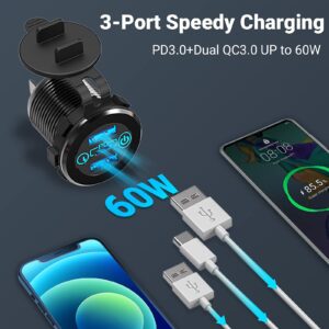 [2021 New] Quick Charge 3.0 Dual 12V USB Car Charger, USB C 12 Volt Outlet, Qidoe Dual QC 3.0 18W & PD 30W Type C Triple 12V USB Socket Aluminum Car Charger