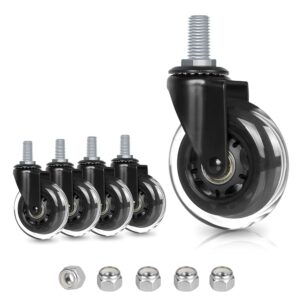 8t8 3" office chair caster wheels heavy duty, set of 5, 3/8"-16x1" (not metric m10), threaded stem casters with nylon nuts, replacement pu rubber wheels, safe for hardwood tile floors
