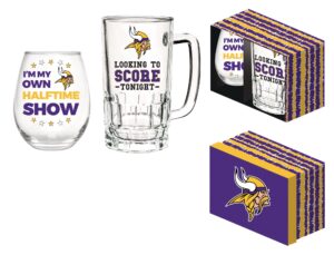 team sports america nfl minnesota vikings, stemless 17 oz wine glass & beer mug 16 oz gift set with box | keeps drinks cold | officially licensed