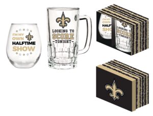 team sports america nfl new orleans saints, stemless 17 oz wine glass & beer mug 16 oz gift set with box | keeps drinks cold | officially licensed