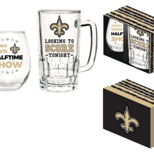 Team Sports America NFL New Orleans Saints, Stemless 17 OZ Wine Glass & Beer Mug 16 OZ Gift Set with Box | Keeps Drinks Cold | Officially Licensed