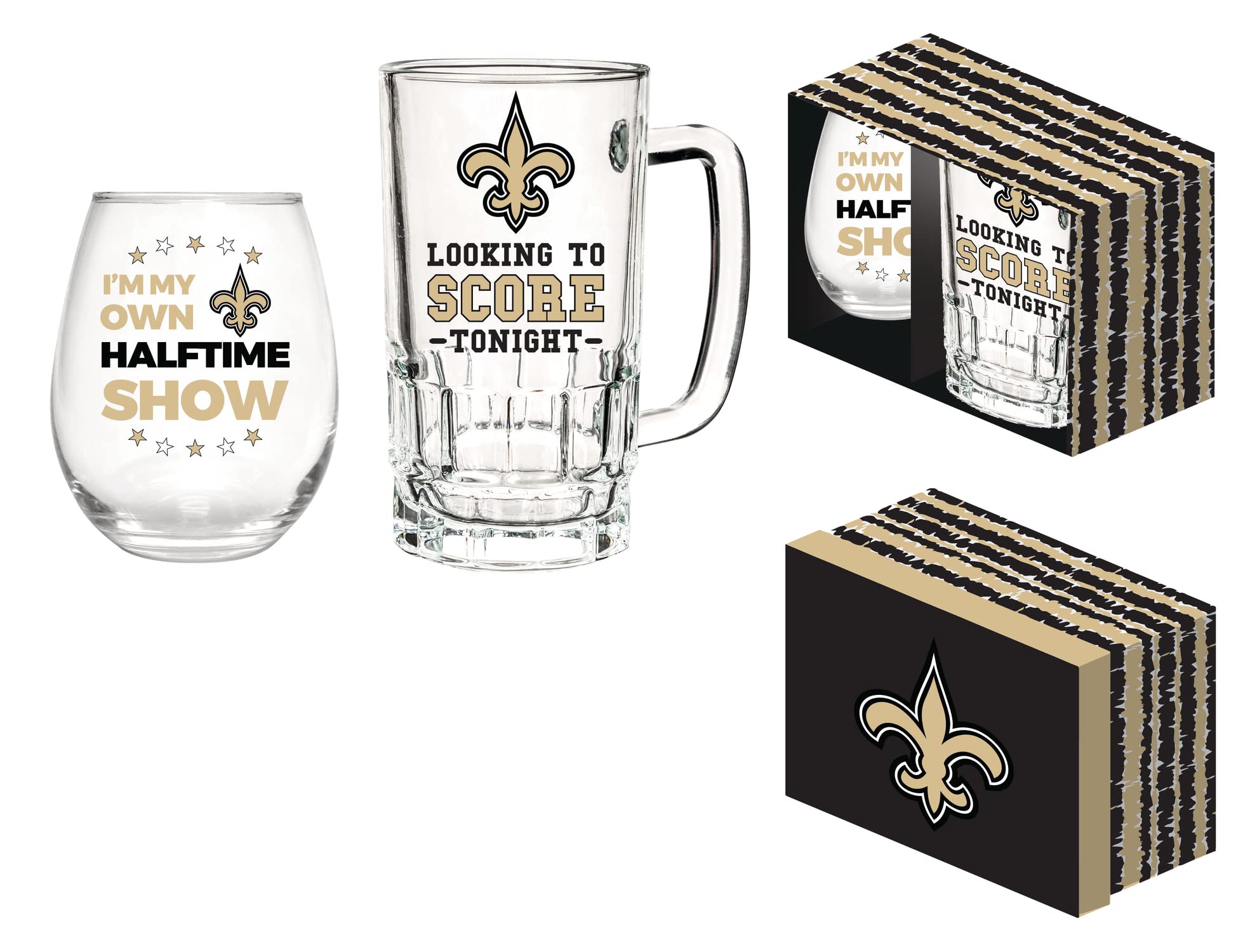 Team Sports America NFL New Orleans Saints, Stemless 17 OZ Wine Glass & Beer Mug 16 OZ Gift Set with Box | Keeps Drinks Cold | Officially Licensed