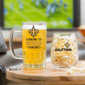Team Sports America NFL New Orleans Saints, Stemless 17 OZ Wine Glass & Beer Mug 16 OZ Gift Set with Box | Keeps Drinks Cold | Officially Licensed