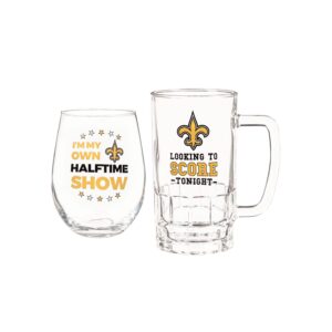 Team Sports America NFL New Orleans Saints, Stemless 17 OZ Wine Glass & Beer Mug 16 OZ Gift Set with Box | Keeps Drinks Cold | Officially Licensed