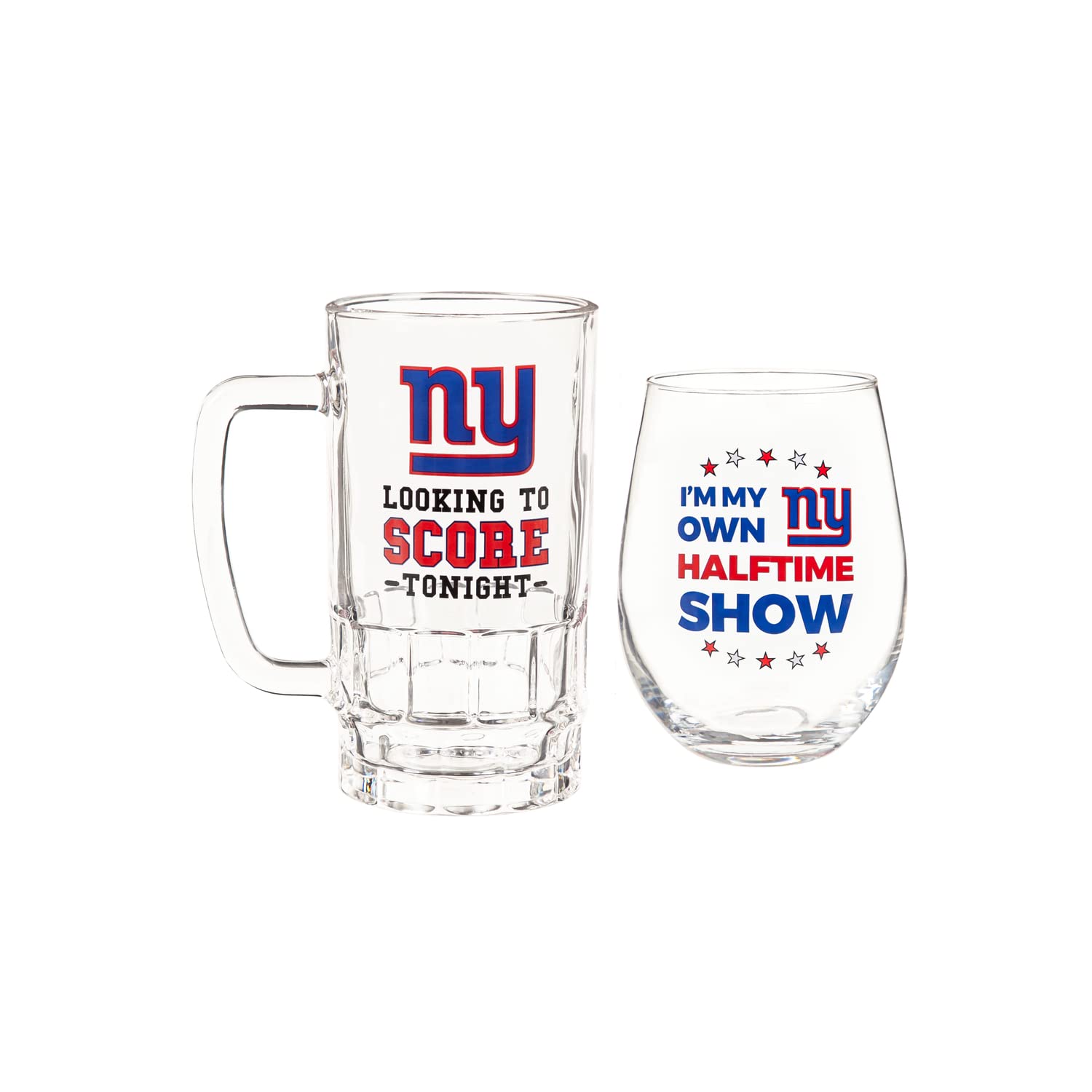 Team Sports America NFL New York Giants, Stemless 17 OZ Wine Glass & Beer Mug 16 OZ Gift Set with Box | Keeps Drinks Cold | Officially Licensed