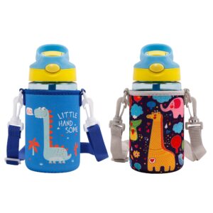 2 pack-children's water bottle carrier, protect and insulate your water bottle, with adjustable straps, suitable for most children's water bottles - dinosaurs + giraffe