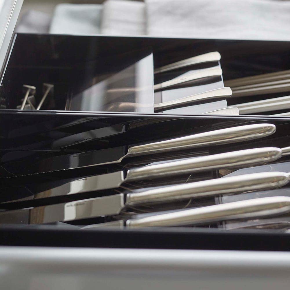 YAMAZAKI Home Expandable Cutlery Kitchen Angled Utensils Storage Silverware Organizer Compact Drawer Insert Tray | Plastic, One Size, Black