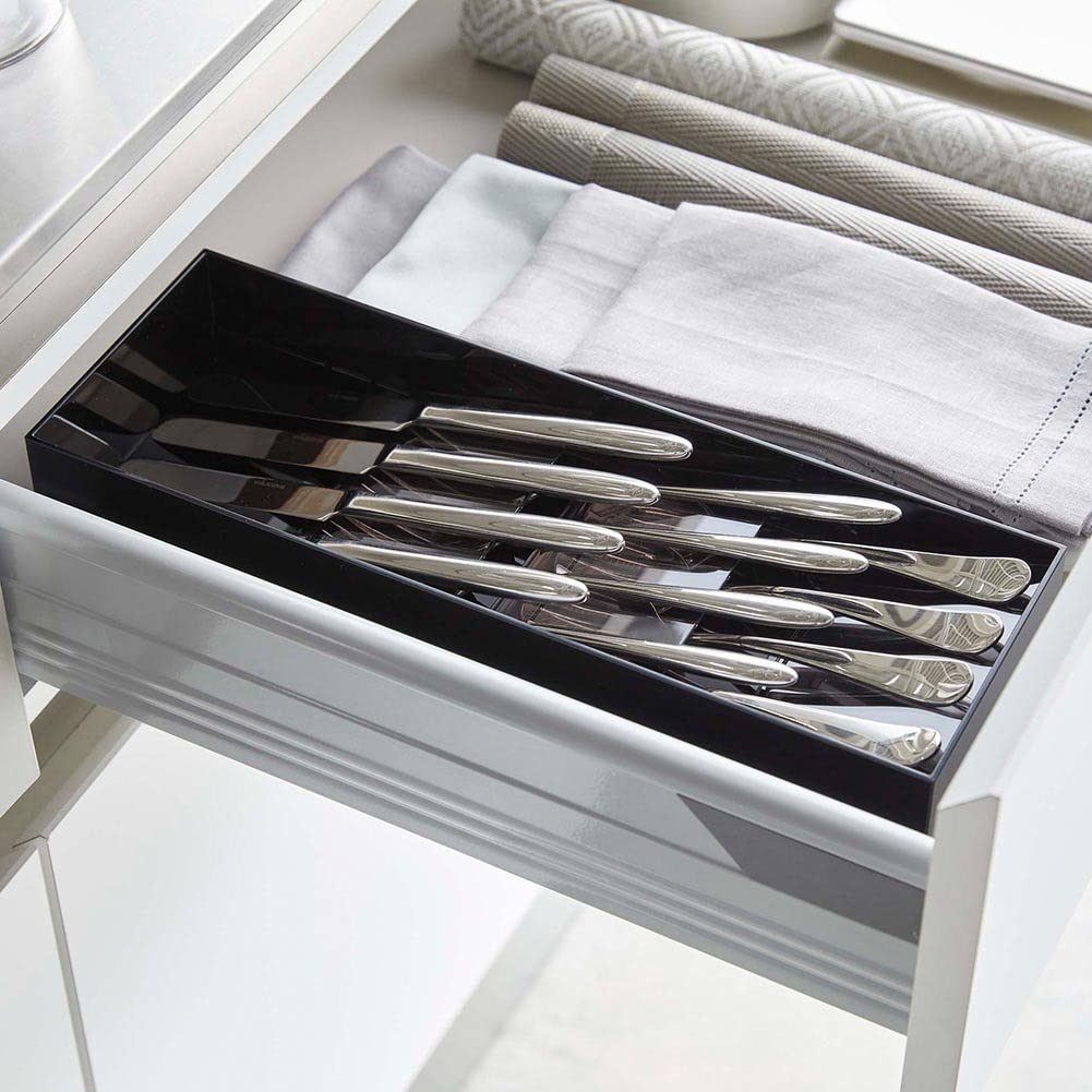 YAMAZAKI Home Expandable Cutlery Kitchen Angled Utensils Storage Silverware Organizer Compact Drawer Insert Tray | Plastic, One Size, Black