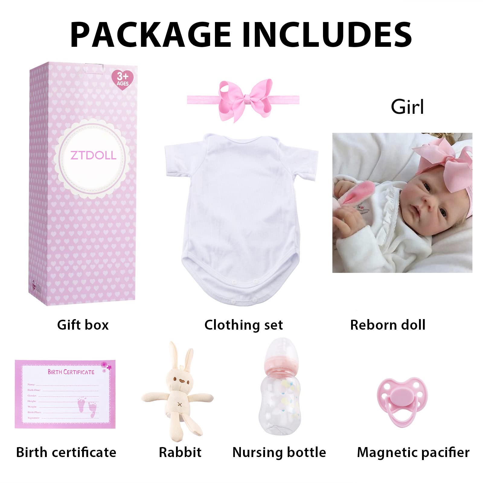 ZTDOLL Realistic Reborn Baby Dolls, 18 Inch Lifelike Soft Vinyl Baby Dolls, Sweet Girl Reborn Baby Dolls with Clothes and Bottles Gift for Kids Age 3+ (A)