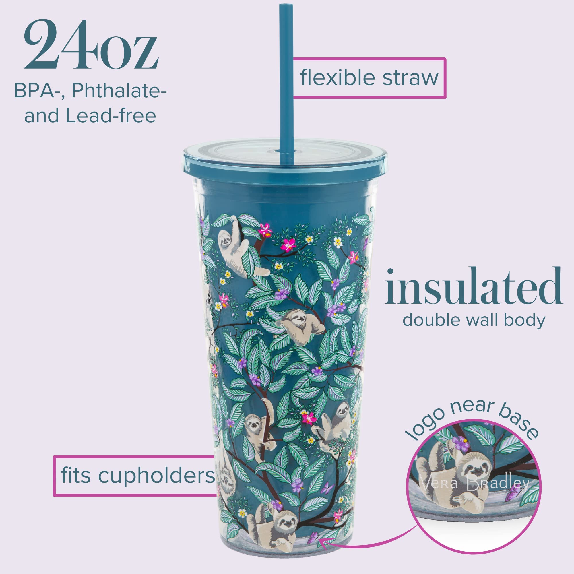 Vera Bradley Travel Tumbler with Lid and Straw, 24 Ounce Insulated Cup, Plastic Double Wall Tumbler, Hanging Around (Sloths)