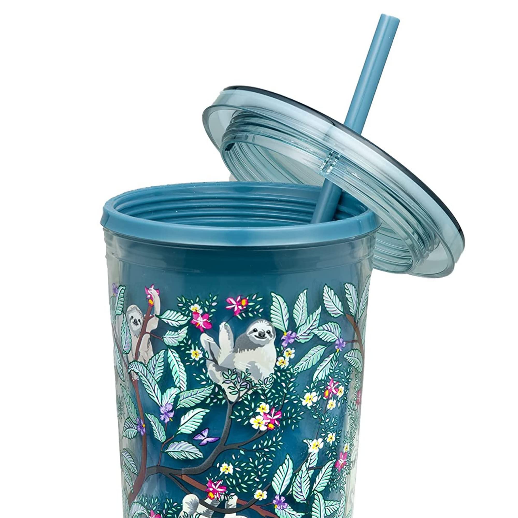 Vera Bradley Travel Tumbler with Lid and Straw, 24 Ounce Insulated Cup, Plastic Double Wall Tumbler, Hanging Around (Sloths)