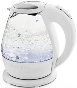 ovente lighted electric glass kettle 1.5 liter with blue led light and stainless steel lid, fast heating countertop tea maker hot water boiler with auto shut-off & boil dry protection, white kg845w