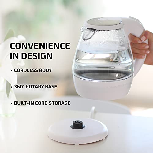 OVENTE Lighted Electric Glass Kettle 1.5 Liter with Blue LED Light and Stainless Steel Lid, Fast Heating Countertop Tea Maker Hot Water Boiler with Auto Shut-Off & Boil Dry Protection, White KG845W