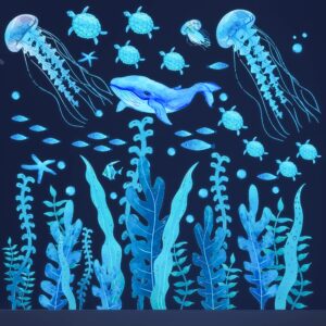 under the sea wall decals glow in the dark ocean wall decals colorful sea turtle seaweed jellyfish wall stickers removable ocean world themed wall decor for toddler boys girls bedroom bathroom living