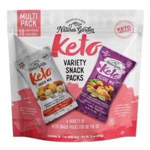 nature’s garden keto variety snack packs – keto snack mix, keto deluxe mix, heart healthy nuts, probiotic cheese balls, mixed nuts, gluten-free, energy boost, healthy snacks– 1 oz bags (18 individual servings)