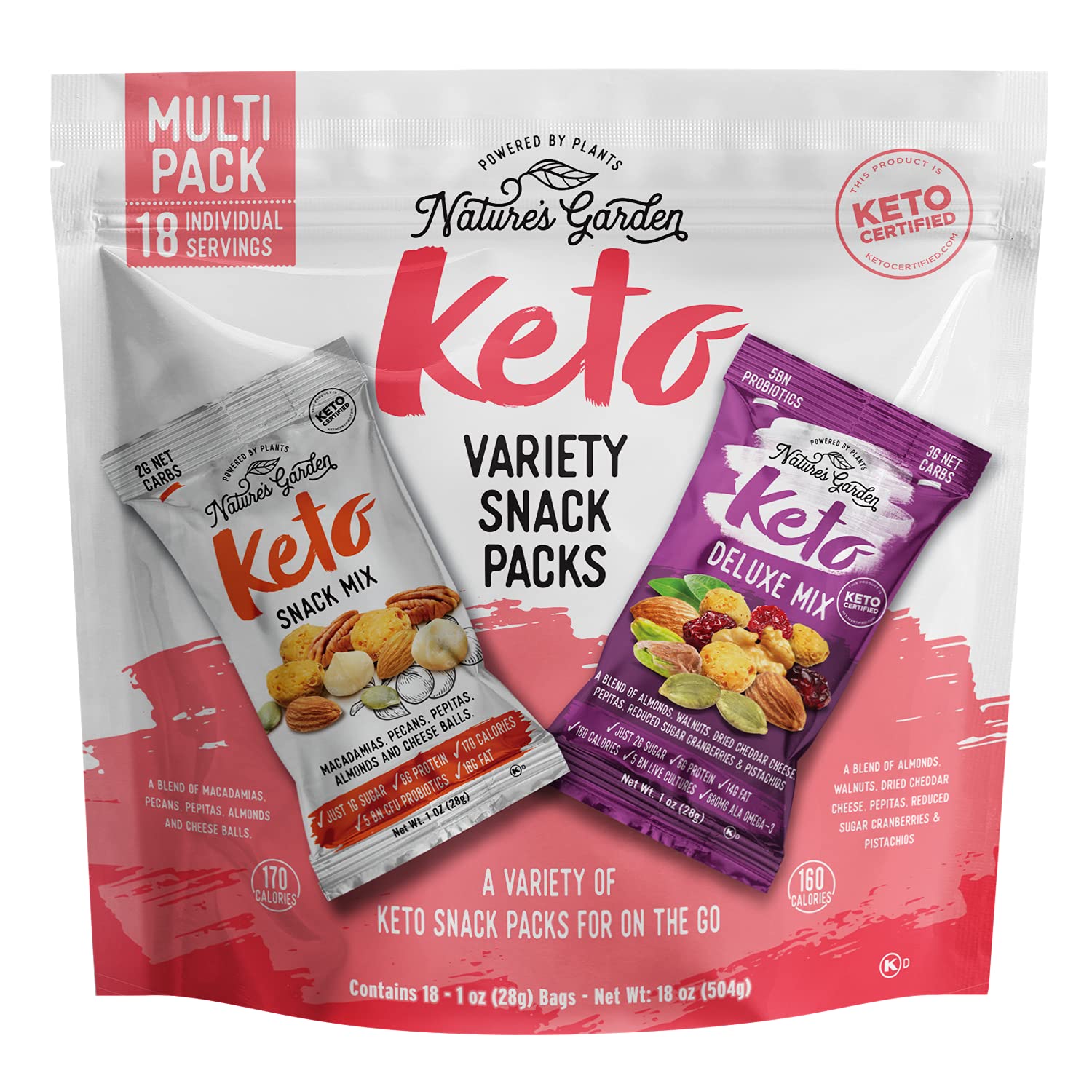 Nature’s Garden Keto Variety Snack Packs – Keto Snack Mix, Keto Deluxe Mix, Heart Healthy Nuts, Probiotic Cheese Balls, Mixed Nuts, Gluten-Free, Energy Boost, Healthy Snacks– 1 Oz Bags (18 Individual Servings)