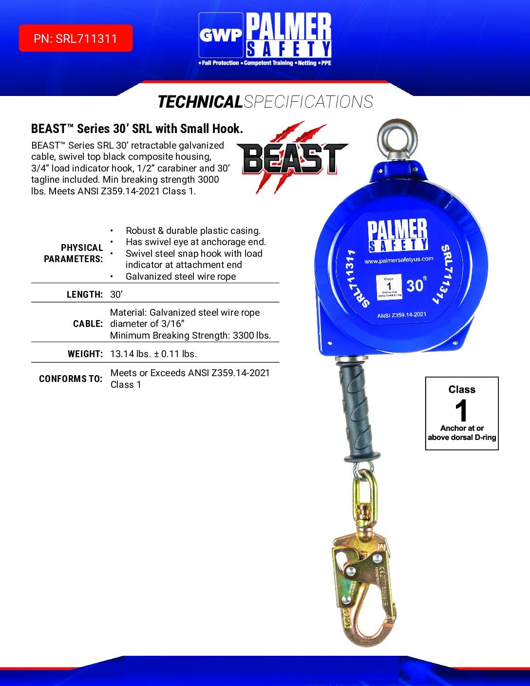 Palmer Safety SRD 30 FT. Self Retracting Lifeline I ANSI Z359.14-2021 Class 1 I SRL Device Swivel Top Galvanized Cable w/Small Steel Snap Hook I Fall Arrest Safety Yoyo