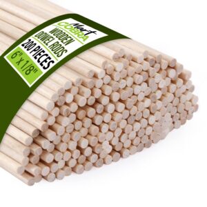 wooden dowel rods assorted 1/8 inch x 6", 200 wood dowels, wooden dowels for crafts, precut dowels for crafting, hardwood dowel rod, wooden rod sticks doweling rods, cake dowels for tiered cakes