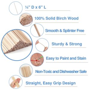 Wooden Dowel Rods Assorted 1/8 Inch x 6", 200 Wood Dowels, Wooden Dowels for Crafts, Precut Dowels for Crafting, Hardwood Dowel Rod, Wooden Rod Sticks Doweling Rods, Cake Dowels for Tiered Cakes