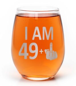 promotion & beyond 49 + 1 50th birthday finger graphic stemless wine glass - funny birthday gift for friends
