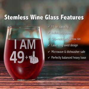 Promotion & Beyond 49 + 1 50th Birthday Finger Graphic Stemless Wine Glass - Funny Birthday Gift For Friends