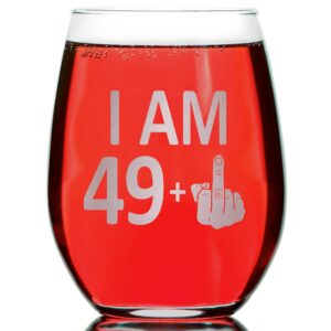Promotion & Beyond 49 + 1 50th Birthday Finger Graphic Stemless Wine Glass - Funny Birthday Gift For Friends