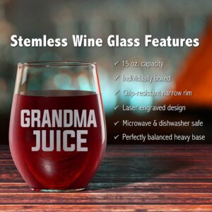 Promotion & Beyond GRANDMA JUICE Stemless Wine Glass - Funny Gift for Grandmother From Daughter Son Husband - Mother's Day