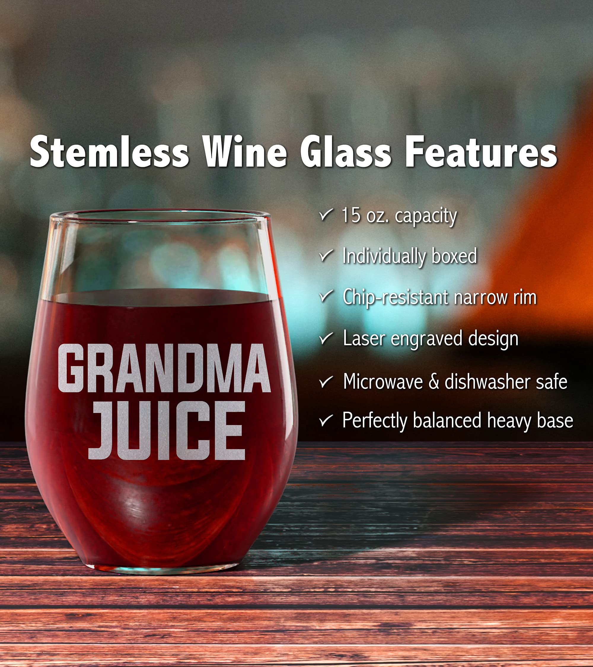 Promotion & Beyond GRANDMA JUICE Stemless Wine Glass - Funny Gift for Grandmother From Daughter Son Husband - Mother's Day