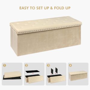 PINPLUS Folding Storage Ottoman Bench, Folding Velvet Tuffed Foot Rest Stool with Rivet, End of Bed Bench Large Long Toy Shoes Chest for Bedroom Entryway Living Room, Beige, 41.3 Inches