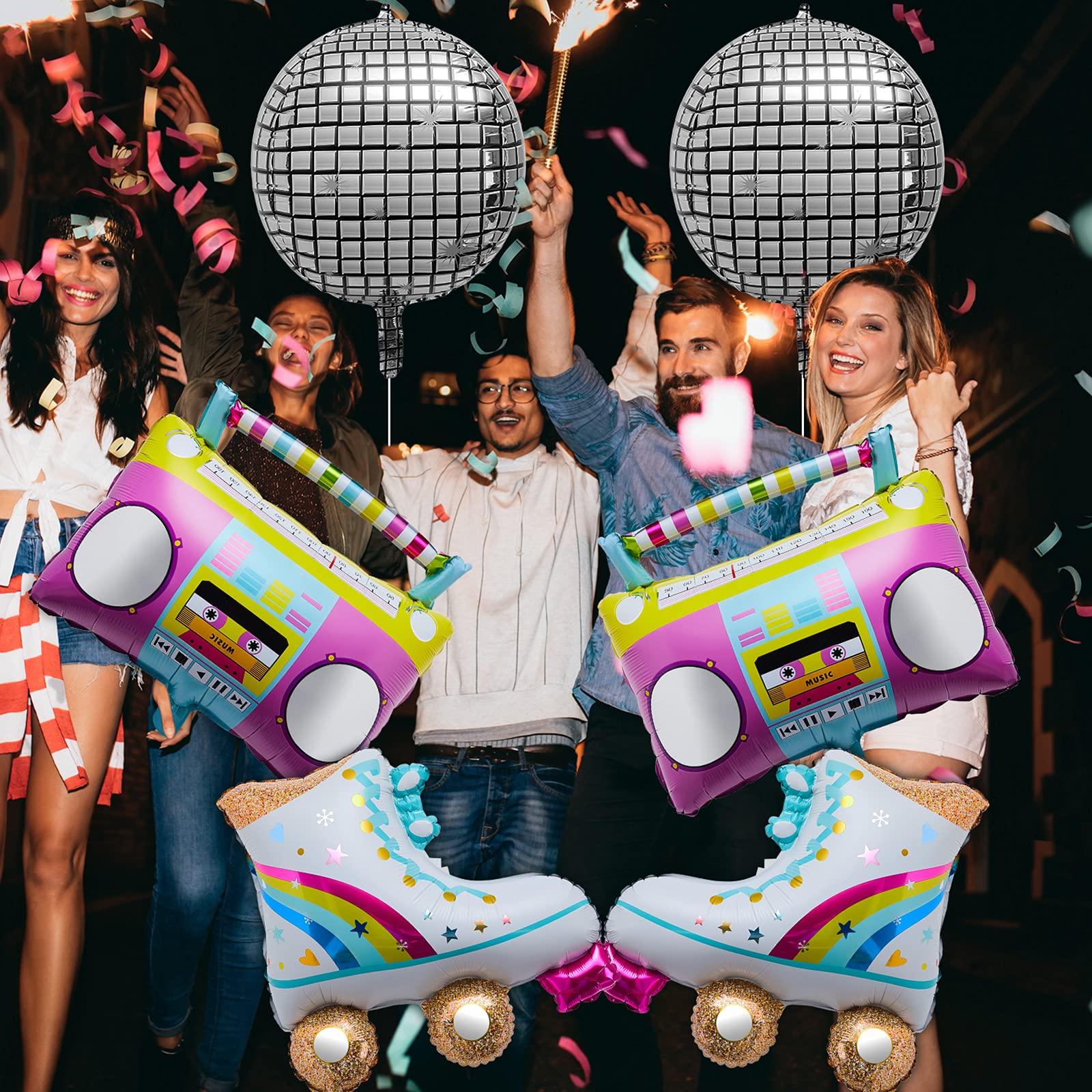 6 Pieces Roller Skate Balloon Boom Box 80s 90s 22 Inch Disco Foil Balloons 80s 90s Rainbow Retro Party Balloon for Party Decorations Wedding Anniversary Hip Hop Theme Party Supplies (Ball Style)