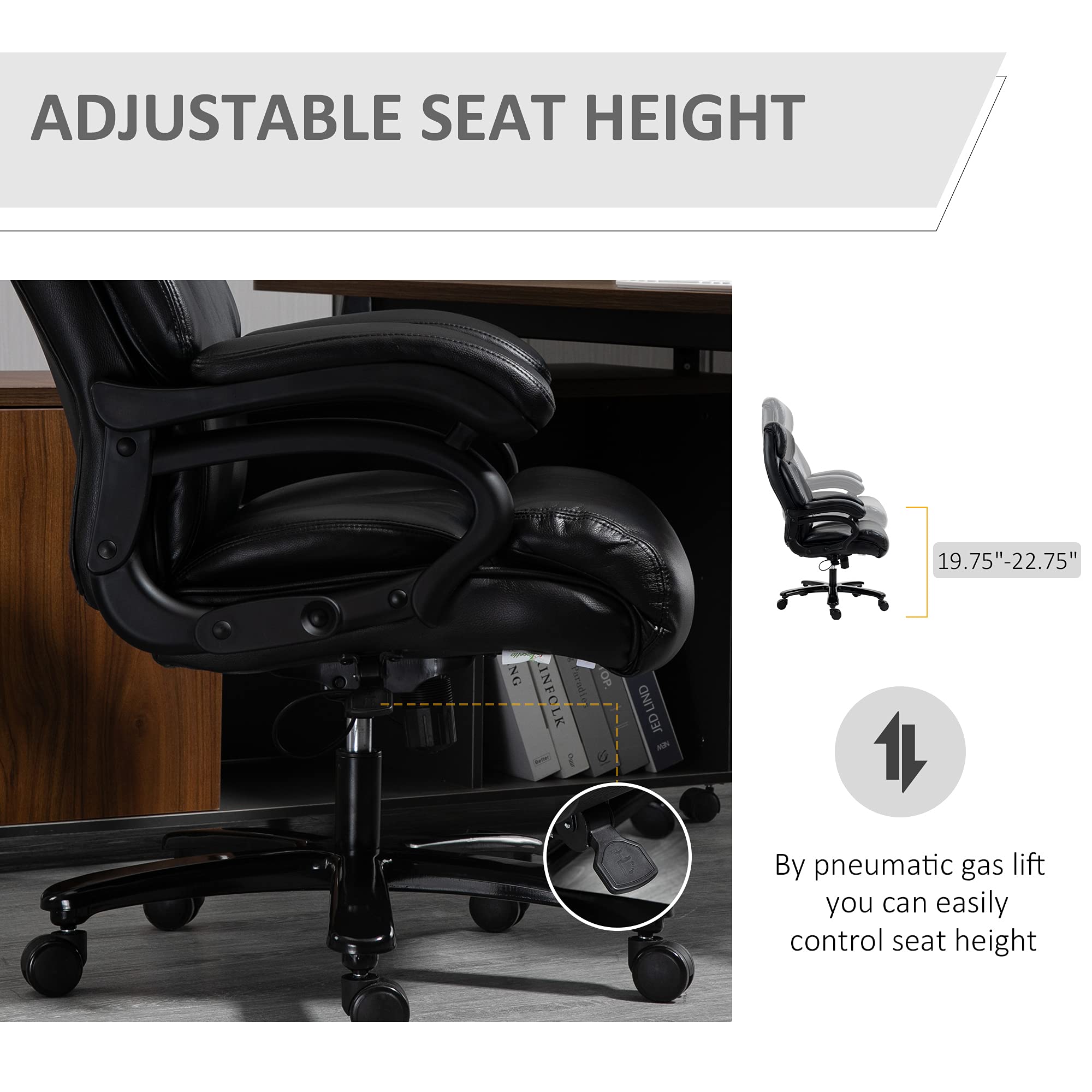 Vinsetto Big and Tall Executive Office Chair 396lbs with Wide Seat, Home High Back PU Leather Chair with Adjustable Height, Swivel Wheels, Black