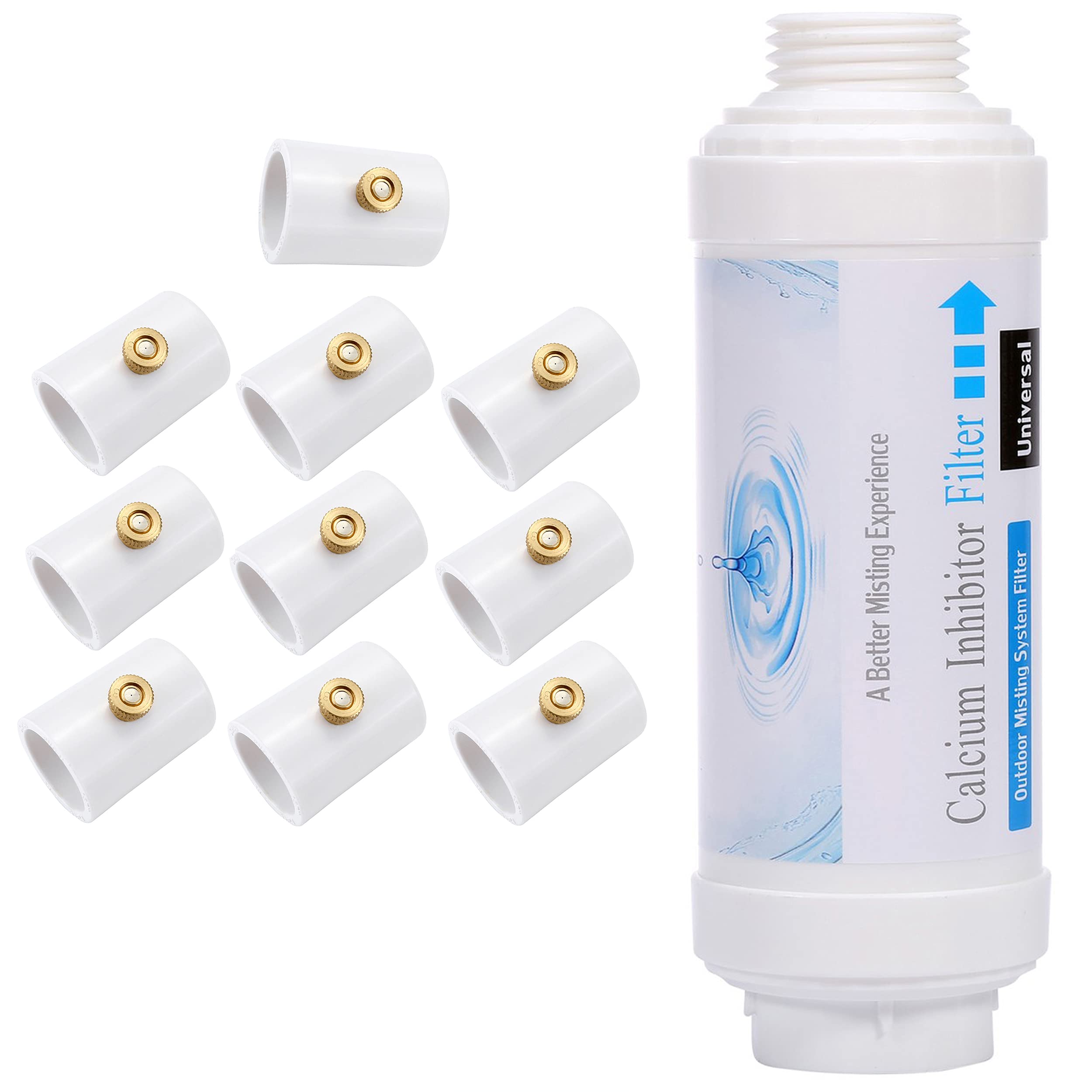 Mornajina 10 Packs 1/2" PVC Misting Nozzles Coupling with Brass Mist Nozzle + Calcium Inhibitor Filter