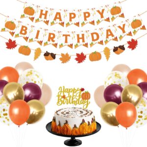 pumpkin birthday decorations supplies fall themed happy birthday banner fall leaves garland pumpkin cake topper and balloons for autumn fall thanksgiving birthday party favors photo props backdrop